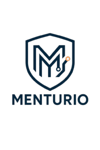 Menturio logotipas – skydas su raide M ir oranžiniu tašku