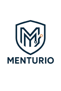 Menturio logotipas – skydas su raide M ir oranžiniu tašku